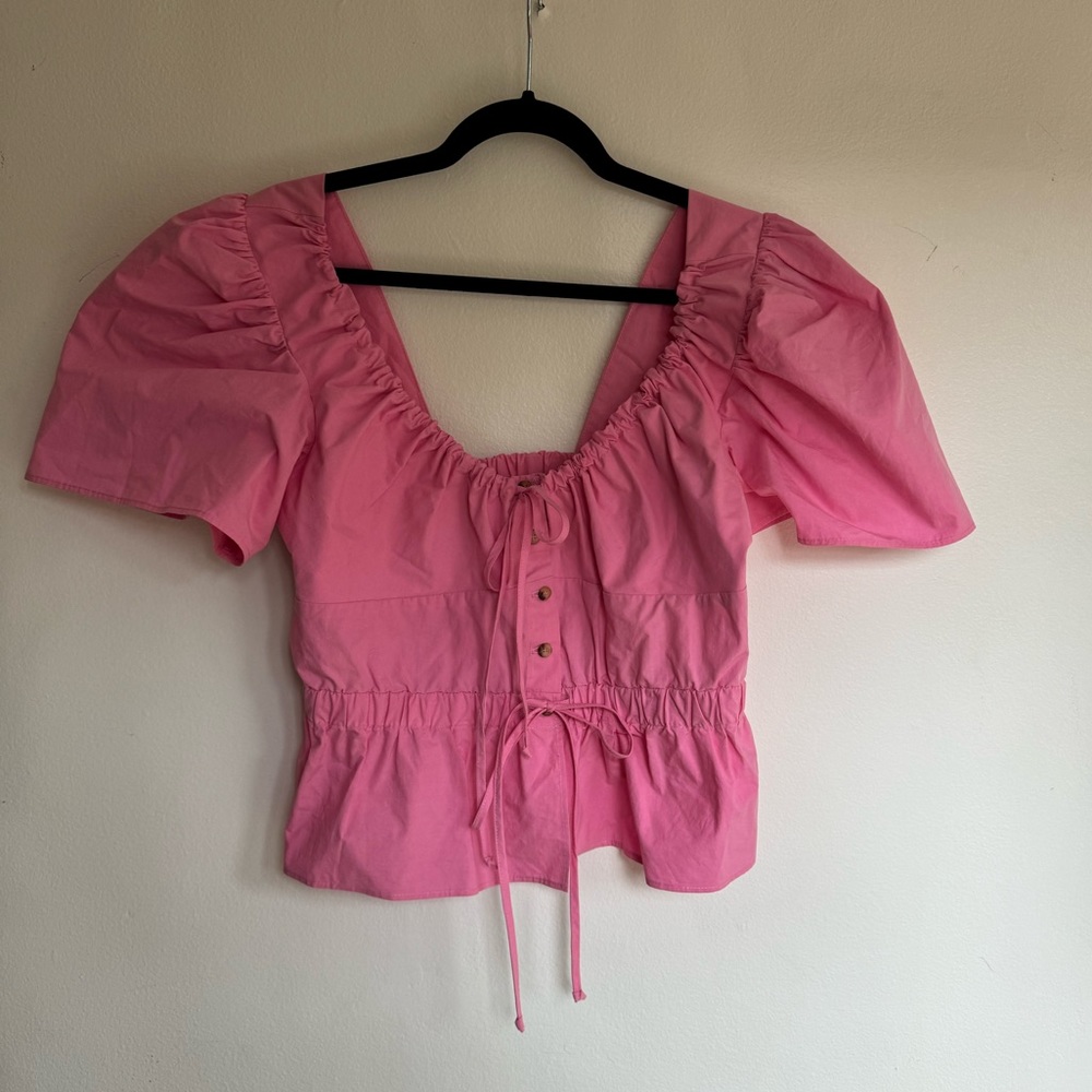 Ciao Lucia pink puff sleeve tie front top